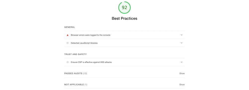 The Best Practices audit screen in Google Lighthouse