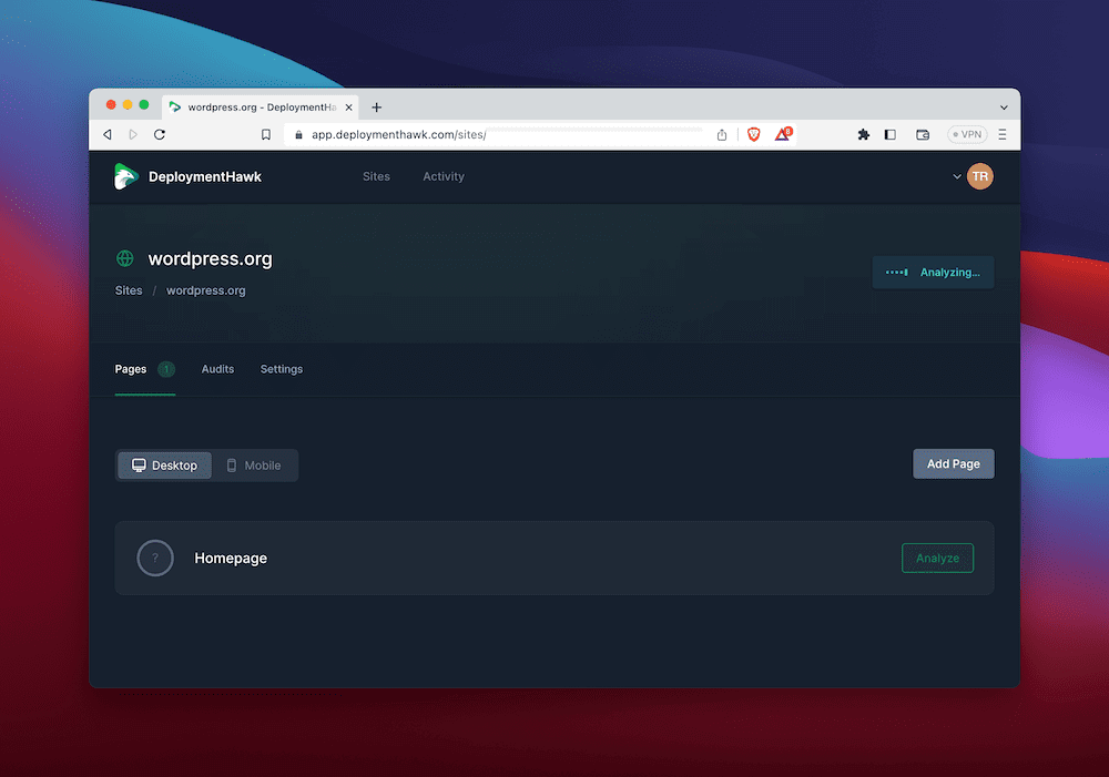 Analyzing a site on the DeploymentHawk dashboard