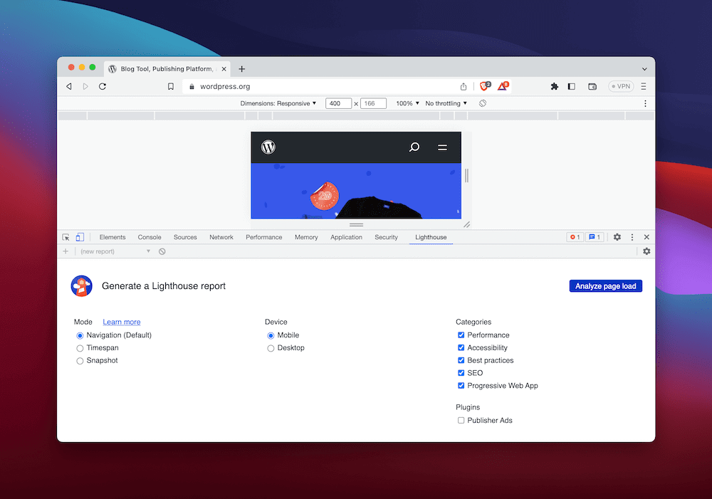 The Lighthouse tab of the browser DevTools
