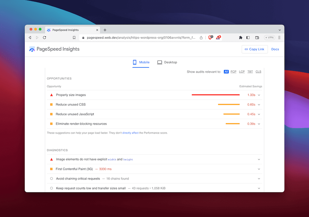 Opportunities showing for a website audit