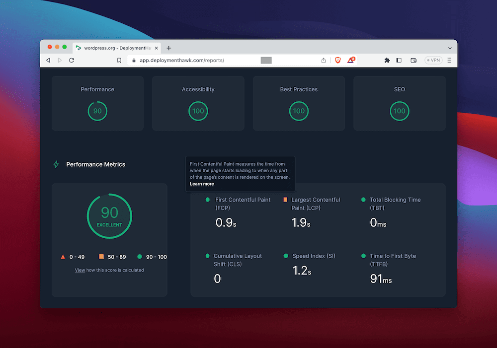 Viewing a Google Lighthouse report within DeploymentHawk